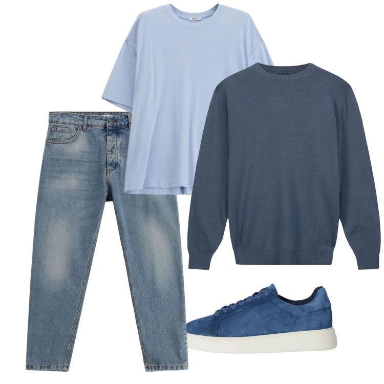 Outfit uomo - Azzurro cielo. Stile Casual per Tutti i giorni. Abbinamento con sneakers, t-shirt, jeans, maglieria.