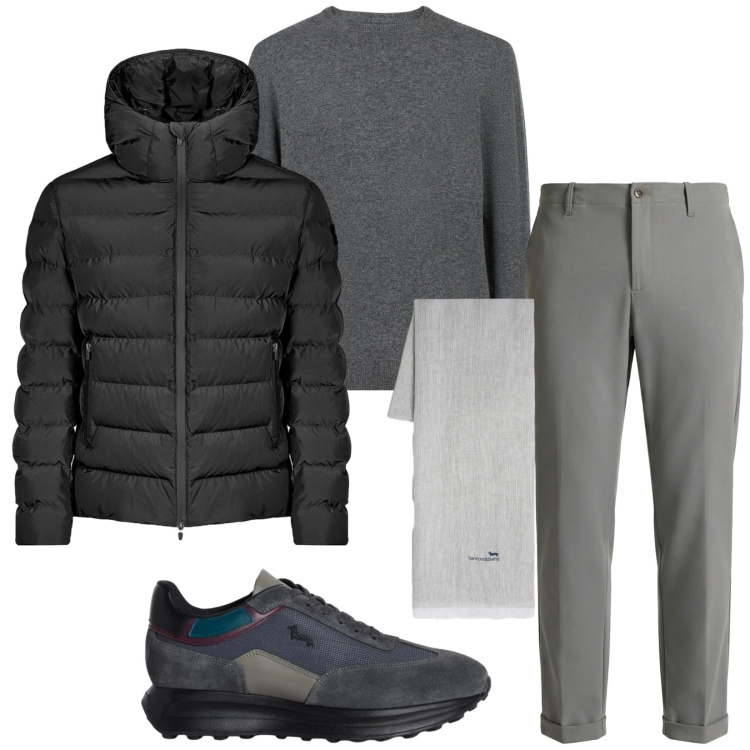 Outfit uomo - Total look #2358810. Stile Trendy per Ufficio. Abbinamento con pantaloni chino, sneakers, sciarpe, bomber, maglieria.