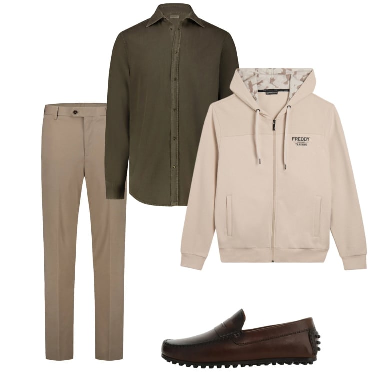Outfit uomo - Primavera. Stile Casual per Tutti i giorni. Abbinamento con scarpe stringate, felpe con cappuccio, pantaloni, camicie.
