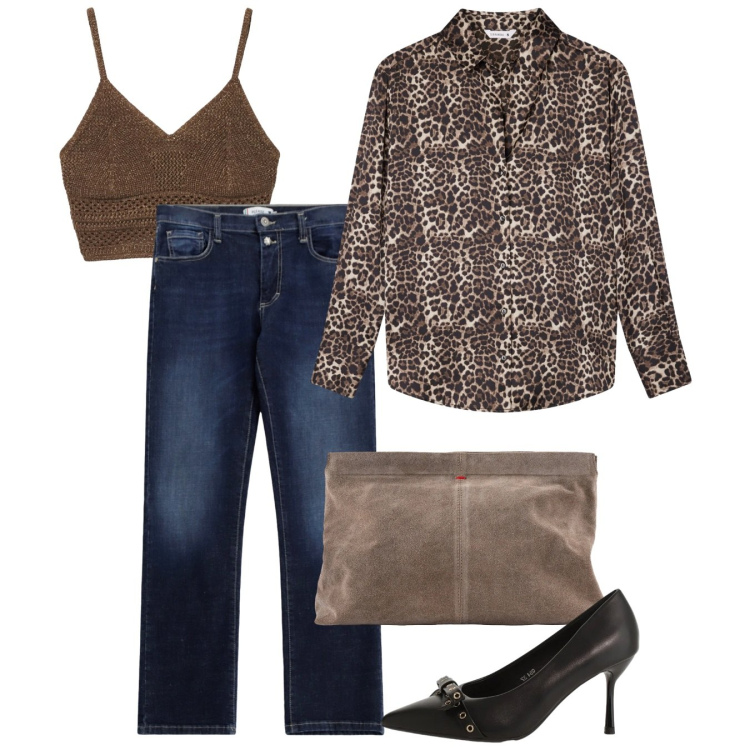 Outfit donna - Casual leo. Stile Casual chic per Tutti i giorni. Abbinamento con camicie, top, décolleté, jeans dritti, pochette.