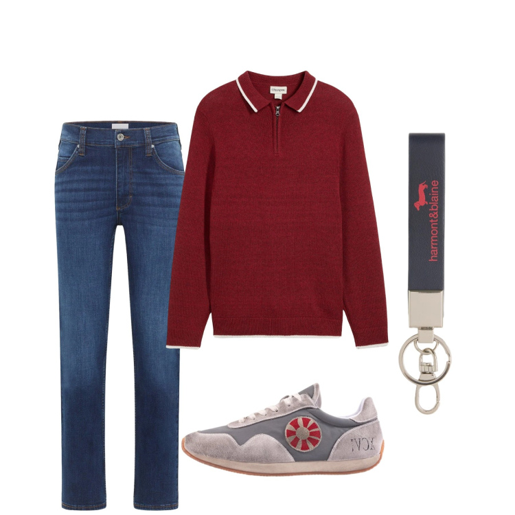 Outfit uomo - Marzo in jeans. Stile Casual per Tutti i giorni. Abbinamento con jeans dritti, maglieria, portachiavi, sneakers.