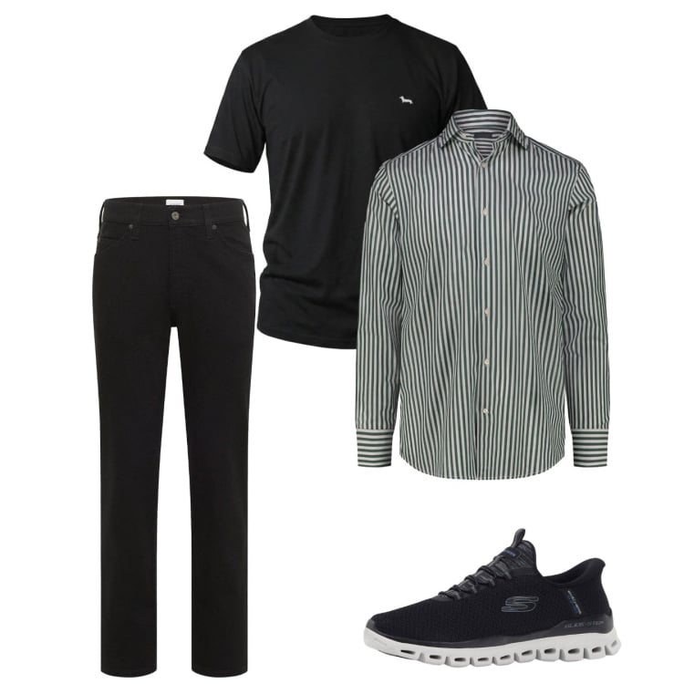 Outfit uomo - A righine. Stile Casual per Tutti i giorni. Abbinamento con sneakers, jeans dritti, t-shirt, camicie.