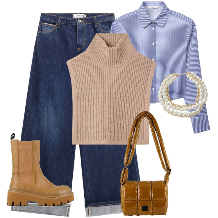 Outfit donna - Camicia e davantino in lana. Stile Glamour per Scuola/Università. Abbinamento con cappotti, camicie, collane, jeans, borse a spalla, stivaletti chelsea.