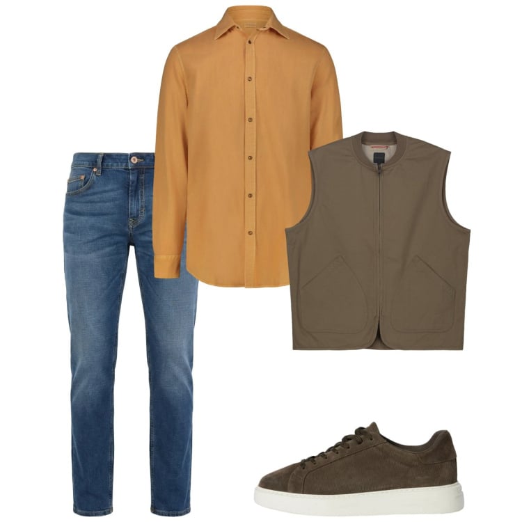 Outfit uomo - Marzo. Stile Casual per Tutti i giorni. Abbinamento con sneakers, jeans, camicie, gilet.
