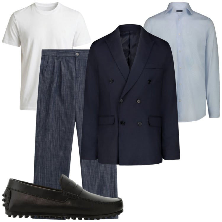 Outfit uomo - Layering di mezza stagione. Stile Business/Elegante per Ufficio. Abbinamento con t-shirt, pantaloni, scarpe stringate, camicie, giacche.