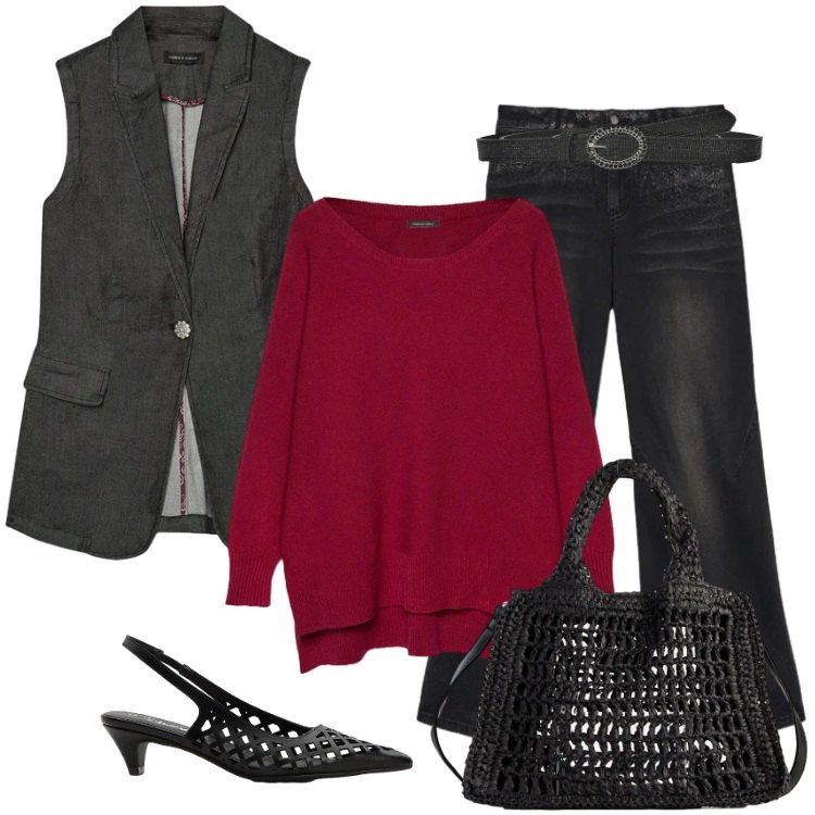 Outfit donna - Total look #2358839. Stile Boho per Tutti i giorni. Abbinamento con décolleté, borse a tracolla, cinture, gilet, maglieria, jeans.