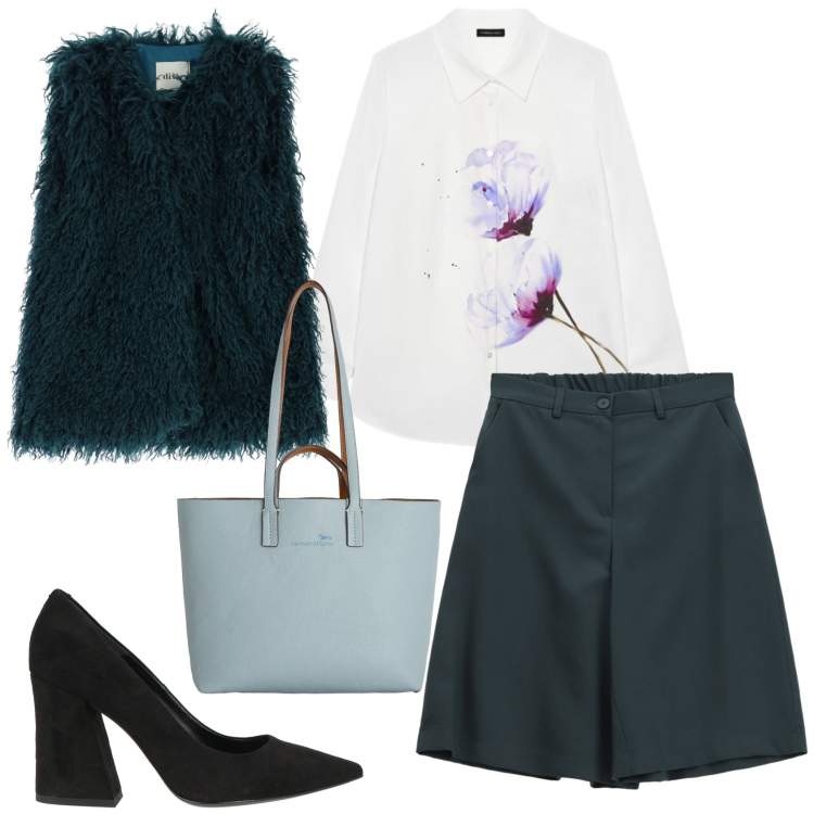 Outfit donna - Total look #2358850. Stile Chic per Serata fuori. Abbinamento con décolleté, shopping bag, shorts, camicie, gilet.