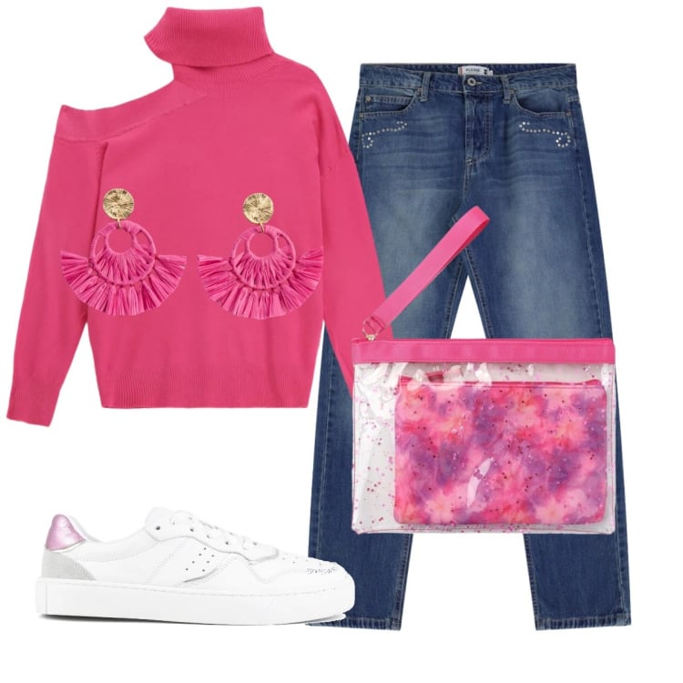 Outfit donna - Girl in fuxia. Stile Basic per Tutti i giorni. Abbinamento con orecchini, pochette, maglieria, jeans dritti, sneakers.