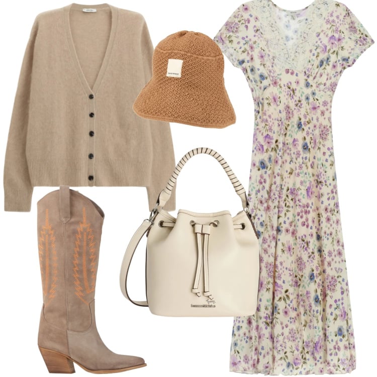 Outfit donna - Stile Country di primavera. Stile Boho per Tutti i giorni. Abbinamento con cappelli, stivali, borse a secchiello, vestiti midi/longuette, cardigans.