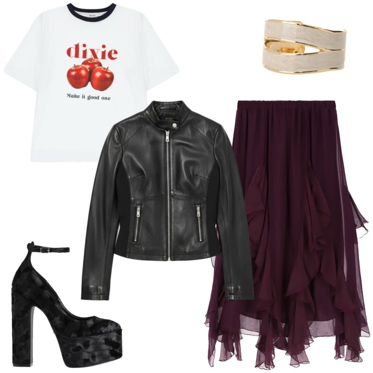 Outfit donna - Primavera trendy. Stile Urban per Serata fuori. Abbinamento con décolleté, gonne longuette, t-shirt, anelli, giacche.