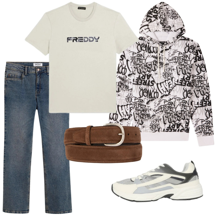 Outfit uomo - Marzo, casual. Stile Casual per Tutti i giorni. Abbinamento con jeans bootcut, felpe con cappuccio, sneakers, t-shirt, cinture.