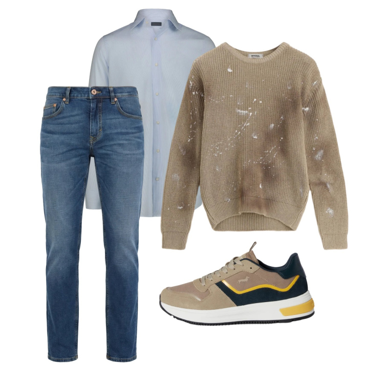 Outfit uomo - Marzo. Stile Casual per Ufficio. Abbinamento con sneakers, jeans, maglieria, camicie.