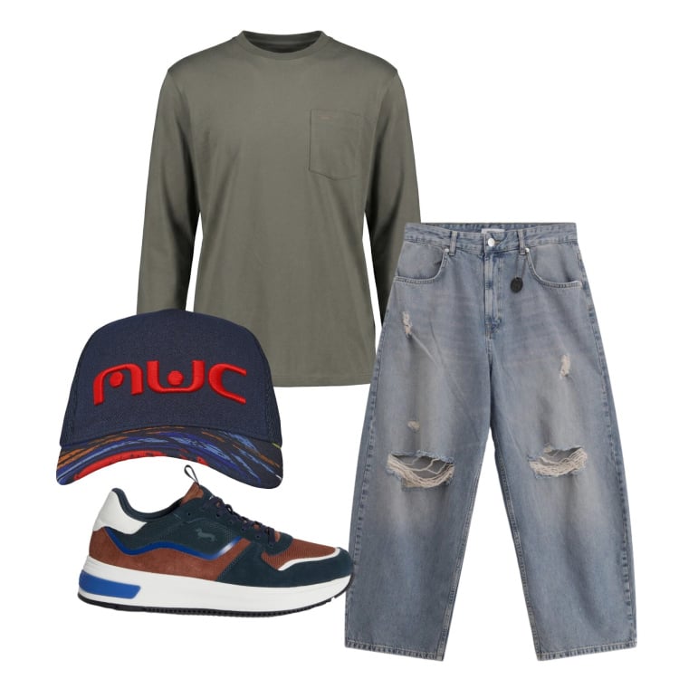 Outfit uomo - Marzo. Stile Urban per Tutti i giorni. Abbinamento con t-shirt, sneakers, jeans strappati, cappelli con visiera.