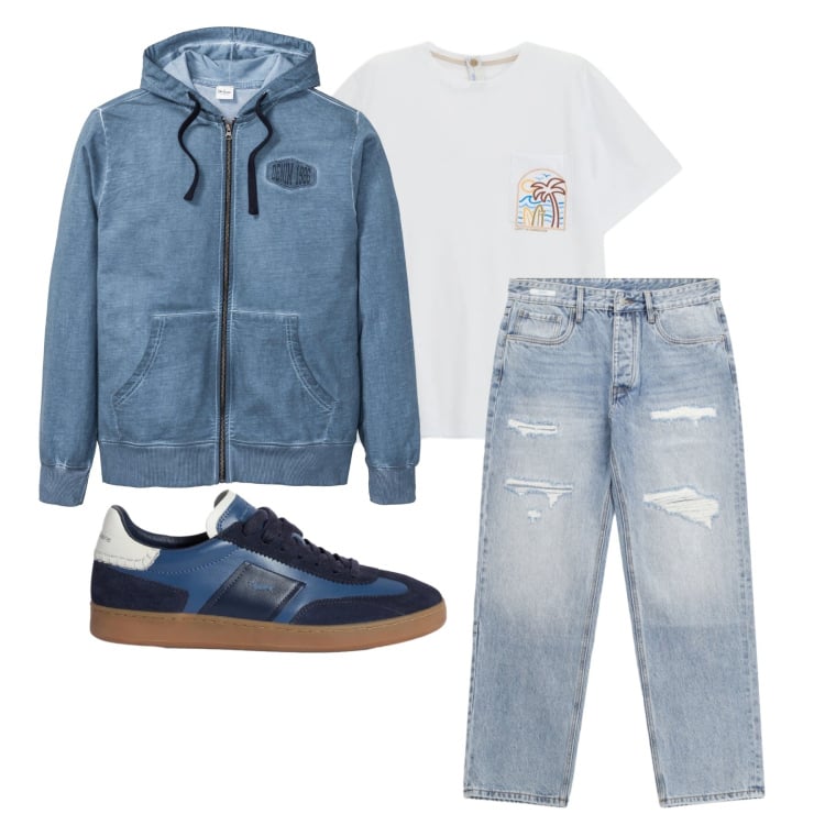 Outfit uomo - Marzo. Stile Urban per Tutti i giorni. Abbinamento con felpe con cappuccio, sneakers, jeans strappati, t-shirt.