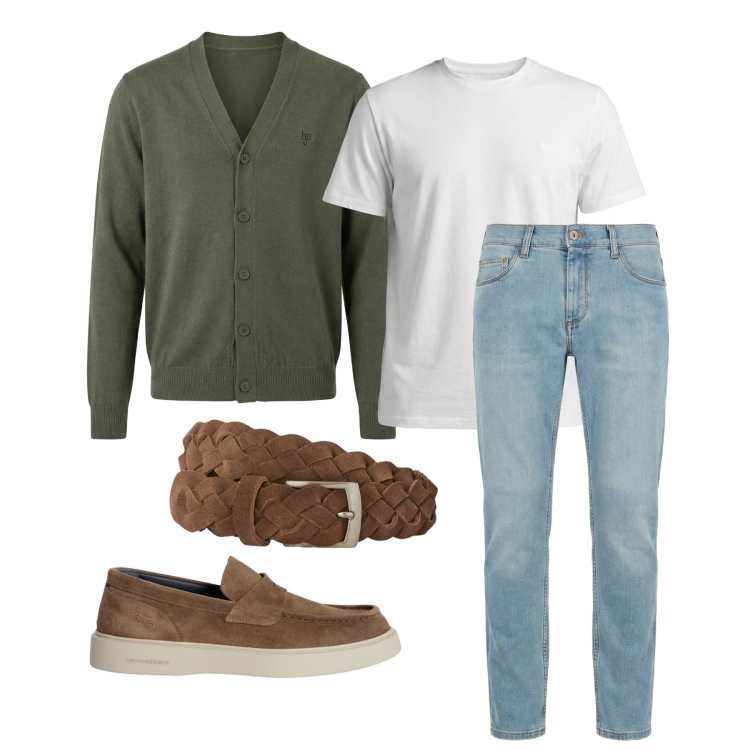 Outfit uomo - Marzo. Stile Trendy per Tutti i giorni. Abbinamento con jeans slim fit, t-shirt, scarpe stringate, cinture, cardigans.