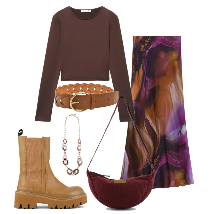 Outfit donna - Marzo. Stile Urban per Tutti i giorni. Abbinamento con cinture, t-shirt, collane, gonne lunghe, borse a tracolla, stivaletti chelsea.