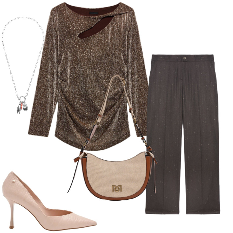 Outfit donna - Bagliori Notturni. Stile Casual chic per Tutti i giorni. Abbinamento con pantaloni, bluse, ciondoli, borse a tracolla, décolleté.