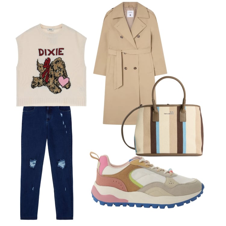 Outfit donna - Dolce primavera. Stile Bon Ton per Tutti i giorni. Abbinamento con shopping bag, trench, maglieria, sneakers, jeans skinny.