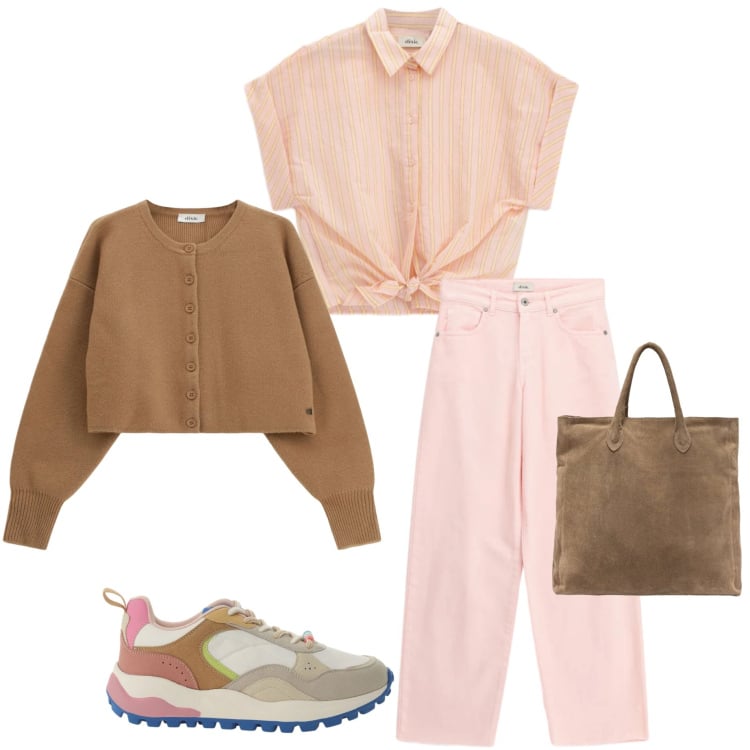 Outfit donna - Verso la primavera. Stile Casual chic per Tutti i giorni. Abbinamento con cardigans, jeans, sneakers, camicie a manica corta, borse a mano.