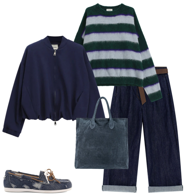 Outfit donna - Marzo. Stile Urban per Tutti i giorni. Abbinamento con maglieria, jeans, bomber, borse a mano, mocassini.