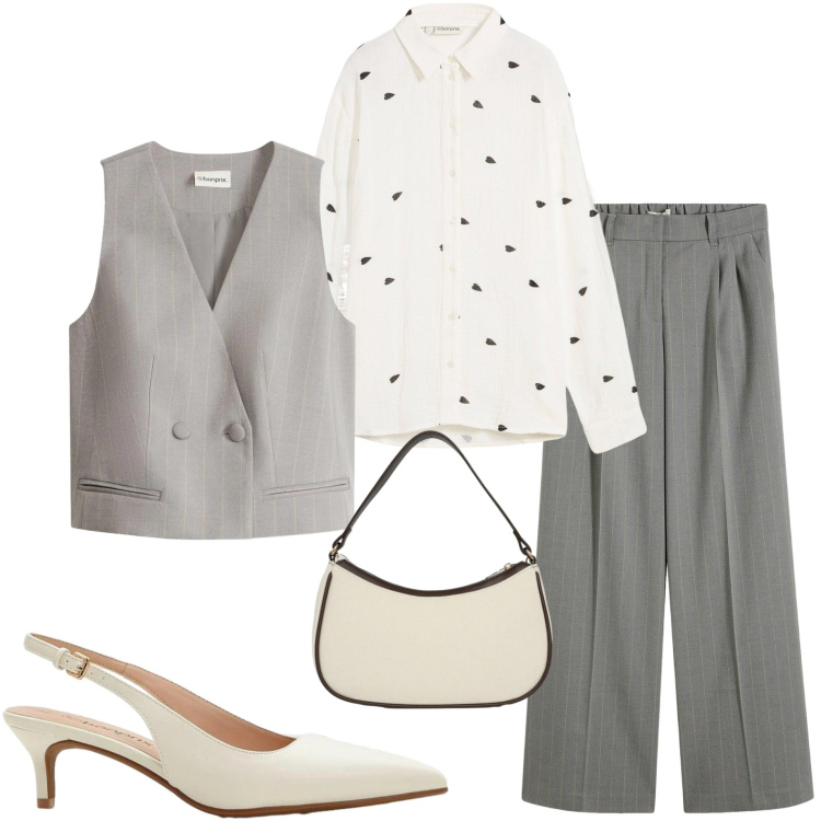 Outfit donna - A cena fuori. Stile Casual chic per Serata fuori. Abbinamento con pantaloni a palazzo, camicie, gilet, décolleté, borse a tracolla.