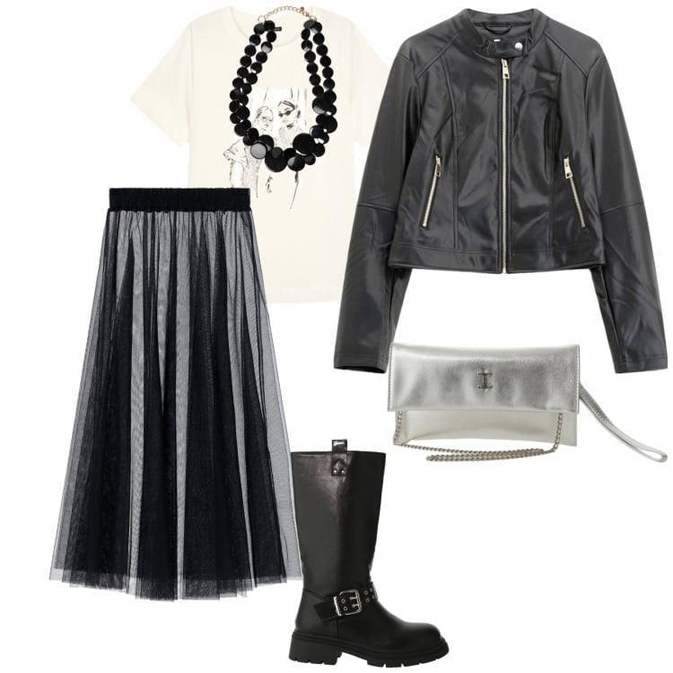 Outfit donna - Giovedì. per Tutti i giorni. Abbinamento con giacche, stivali, borse a tracolla, t-shirt, collane, gonne lunghe.