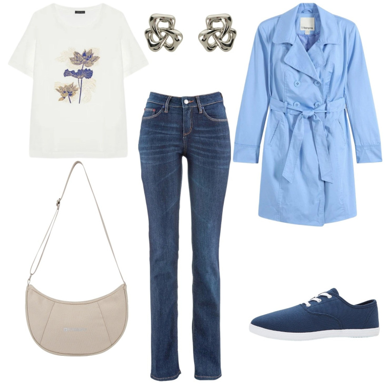 Outfit donna - Trench fresco e primaverile. Stile Casual per Tutti i giorni. Abbinamento con jeans dritti, sneakers, trench, t-shirt, orecchini, borse a spalla.