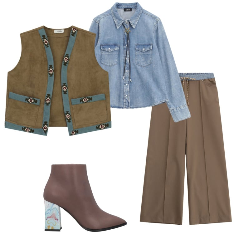 Outfit donna - New collection Dixie. Stile Sporty chic per Tutti i giorni. Abbinamento con stivaletti, pantaloni a palazzo, camicie, gilet.