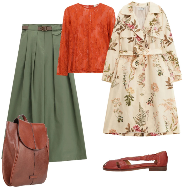 Outfit donna - Trench stampa floreale. Stile Casual per Tutti i giorni. Abbinamento con ballerine, zaini, top, pantaloni a palazzo, trench.