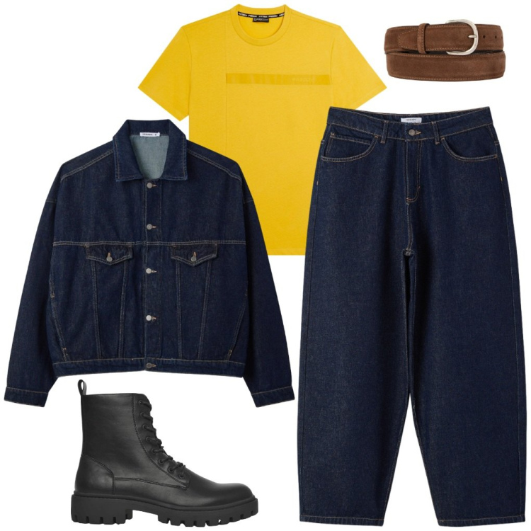 Outfit uomo - Valerio: in jeans Balloon e giubbino. Stile Trendy per Tutti i giorni. Abbinamento con anfibi, cappotti, jeans, t-shirt, cinture.