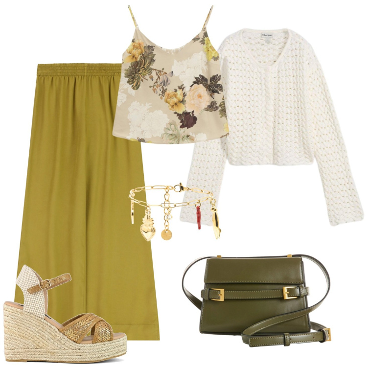 Outfit donna - Top floreale con cardigan. Stile Casual per Tutti i giorni. Abbinamento con borse a tracolla, cardigans, top, pantaloni a palazzo, braccialetti, zeppe.