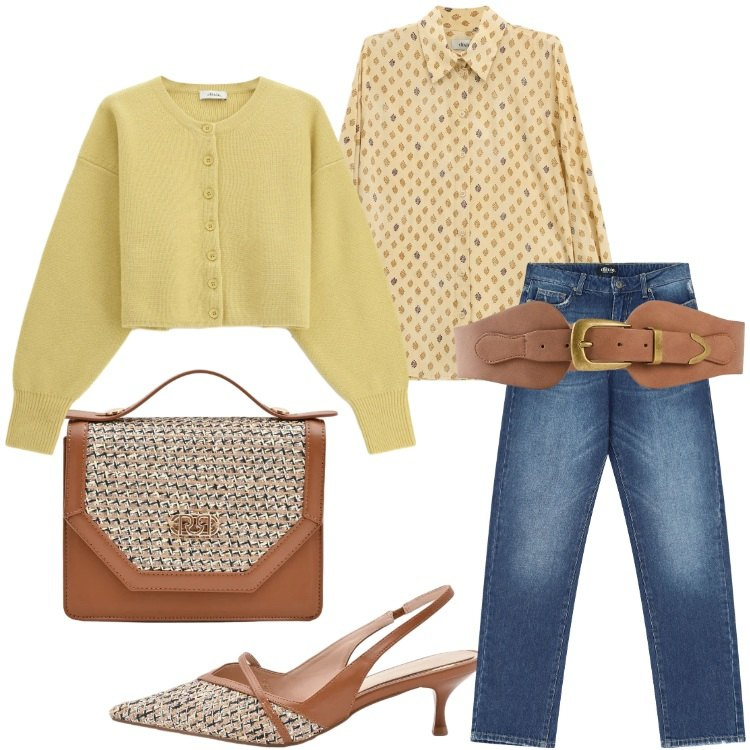 Outfit donna - Denim, but Make It 2026. Stile Casual chic per Ufficio. Abbinamento con cinture, jeans dritti, cardigans, camicie, décolleté, pochette.