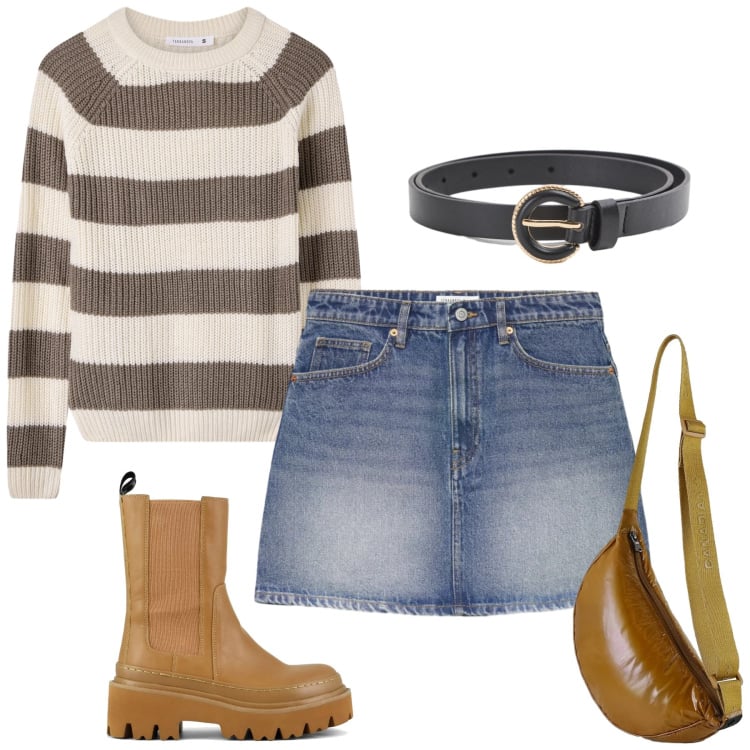 Outfit donna - Total look #2359037. Stile Urban per Tutti i giorni. Abbinamento con maglieria, minigonne, cinture, borse sportive, stivaletti chelsea.