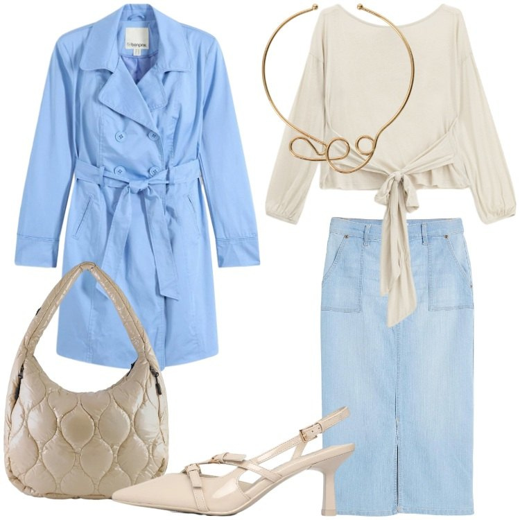 Outfit donna - Il potere dei colori pastello. Stile Casual chic per Ufficio. Abbinamento con trench, gonne, décolleté, collane, top, borse tote.