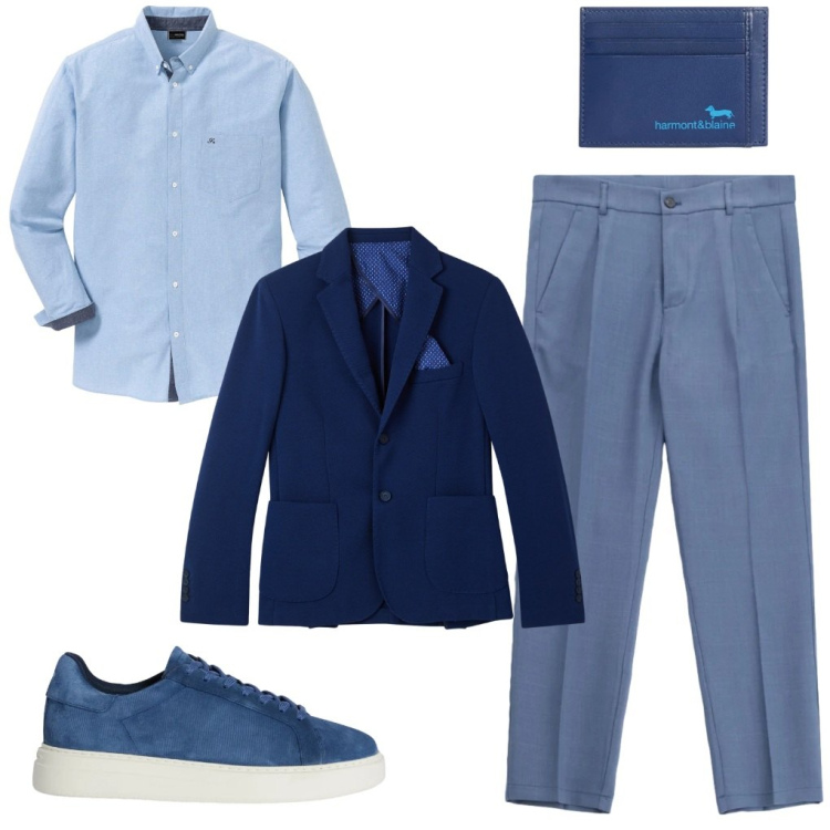Outfit uomo - Tommy: cerimonia giovane. Stile Casual per Cerimonia. Abbinamento con camicie, sneakers, portafogli, pantaloni, giacche.