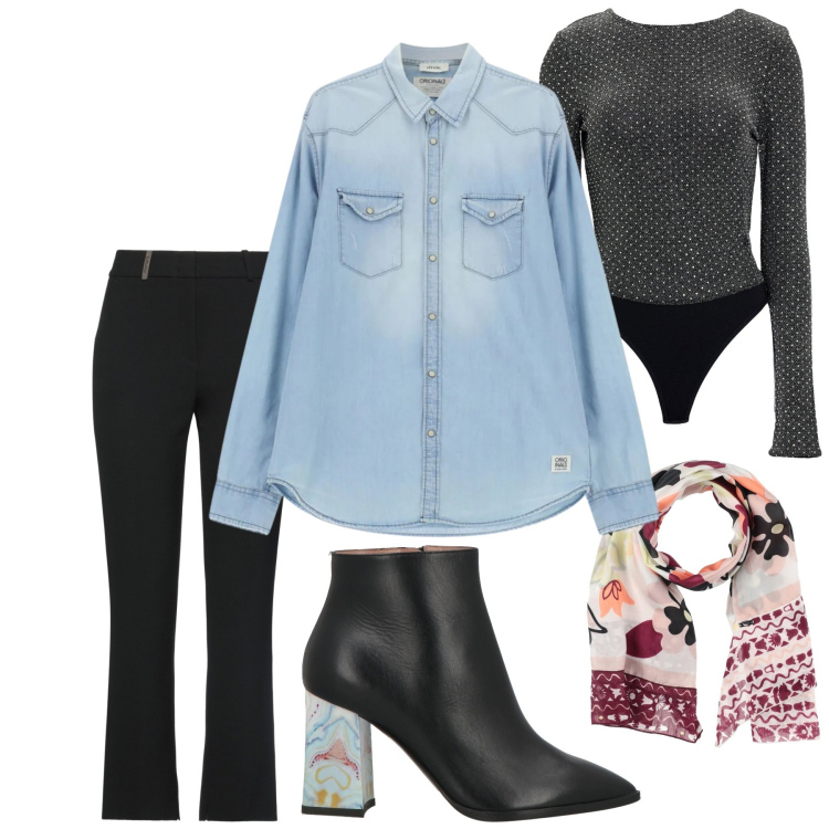 Outfit donna - Total look #2359043. Stile Casual per Ufficio. Abbinamento con pantaloni, sciarpe, body, stivaletti, camicie.