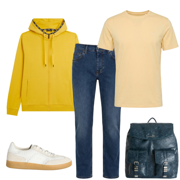 Outfit uomo - Casual in Giallo e Denim. Stile Urban per Tutti i giorni. Abbinamento con jeans, sneakers, t-shirt, borse sportive, felpe con cappuccio.