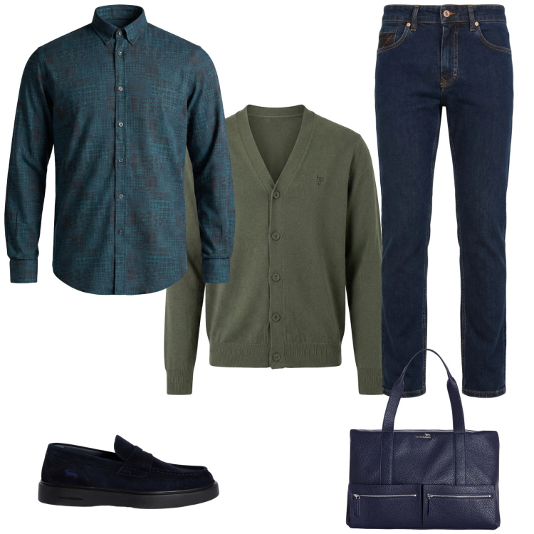 Outfit uomo - Texture e Toni Profondi. Stile Urban per Tutti i giorni. Abbinamento con jeans, scarpe stringate, camicie, cardigans, borse sportive.