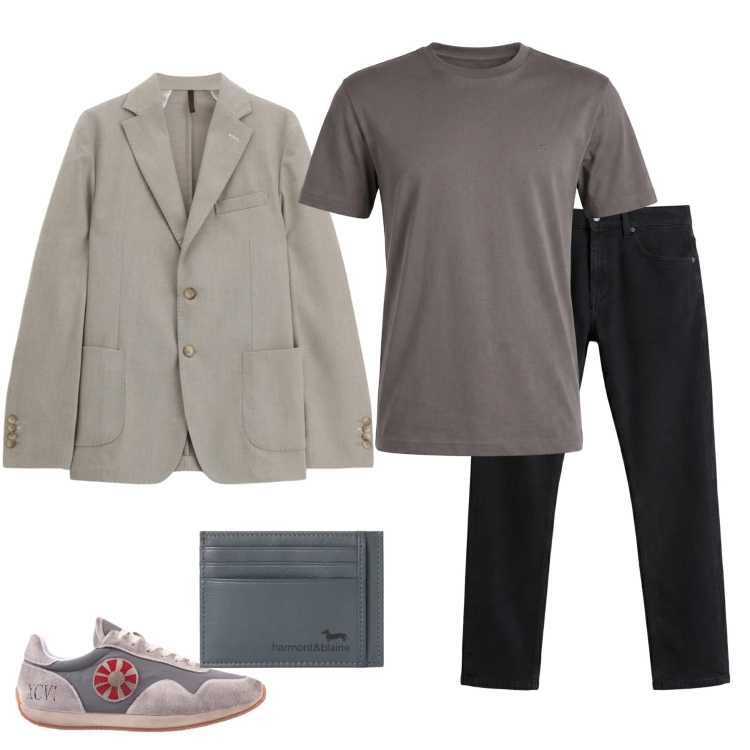 Outfit uomo - L\'Armonia dei Toni Neutri. Stile Trendy per Tutti i giorni. Abbinamento con jeans, portafogli, t-shirt, giacche, sneakers.