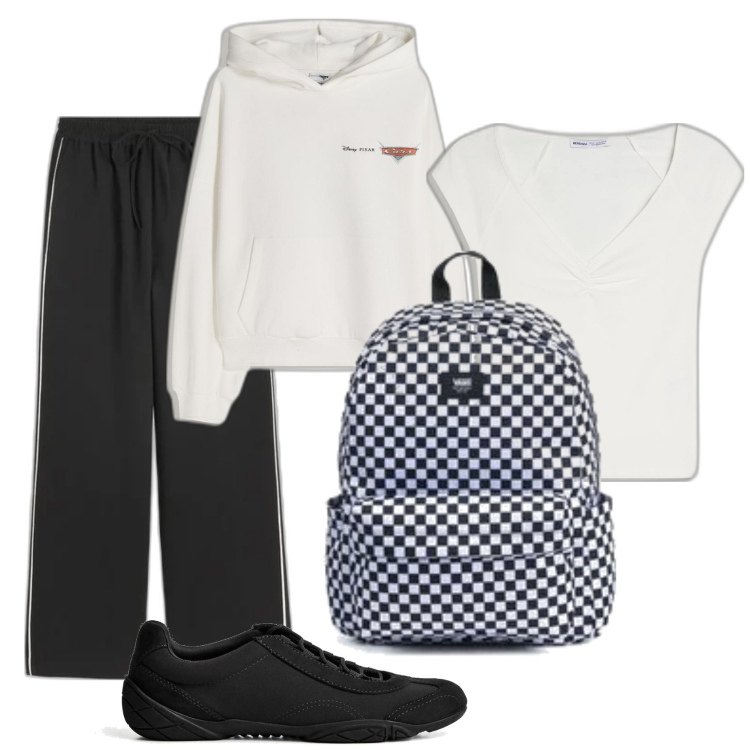 Outfit mujer - Black and white. Estilo Casual para Deporte. Combinación con sneakers, mochilas, sudaderas con capucha, pantalones, camiseta.