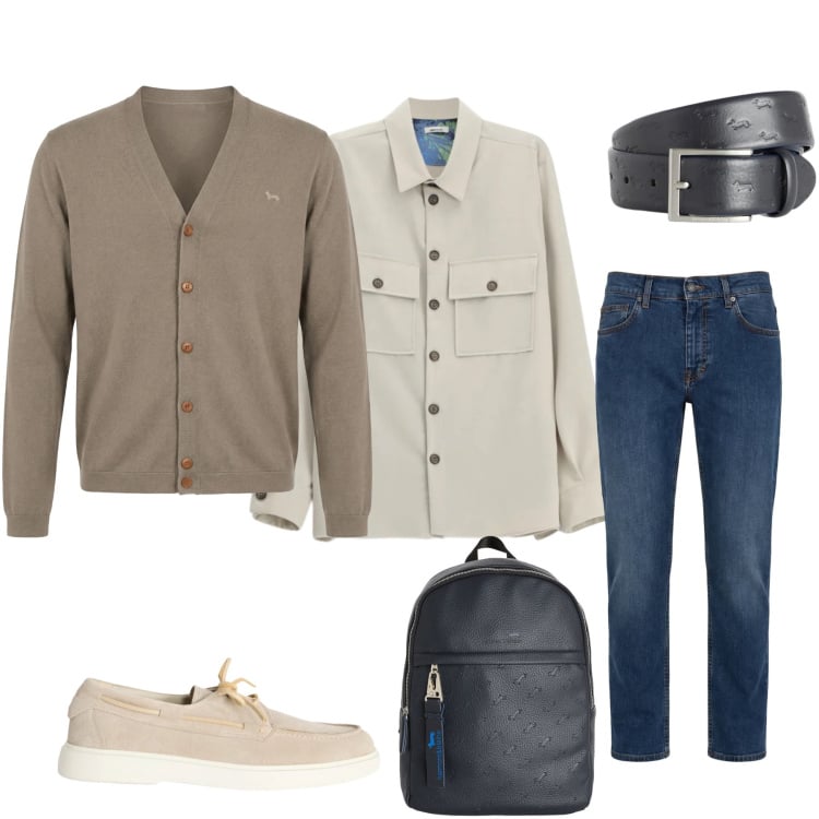 Outfit uomo - Eleganza Quotidiana in Beige e Navy. Stile Casual per Tutti i giorni. Abbinamento con jeans, scarpe stringate, cinture, cardigans, borse sportive, camicie.