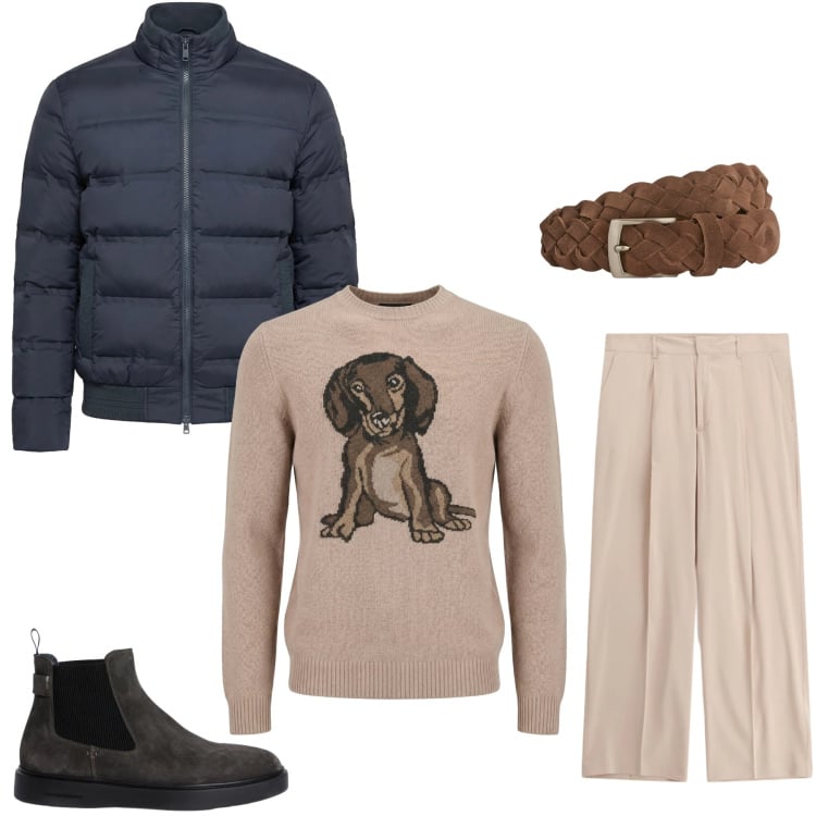 Outfit uomo - Eleganza Casual con Personalità. Stile Casual per Tutti i giorni. Abbinamento con bomber, cinture, stivali e stivaletti, maglieria, pantaloni.