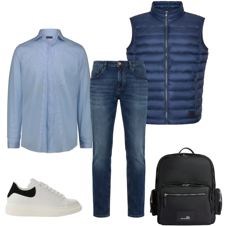 Outfit uomo - Urban Dynamic. Stile Trendy per Tutti i giorni. Abbinamento con jeans, borse sportive, sneakers, piumini, camicie.