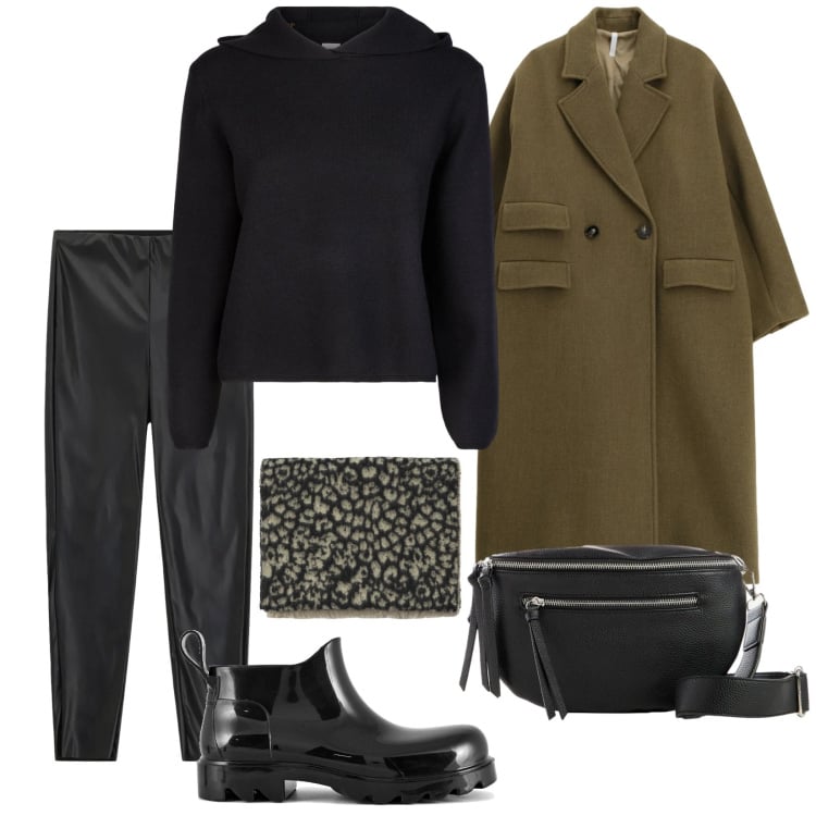 Outfit donna - Gli ultimi freddi. Stile Casual per Tutti i giorni. Abbinamento con marsupi, cappotti, sciarpe, pantaloni skinny, stivali, maglieria.