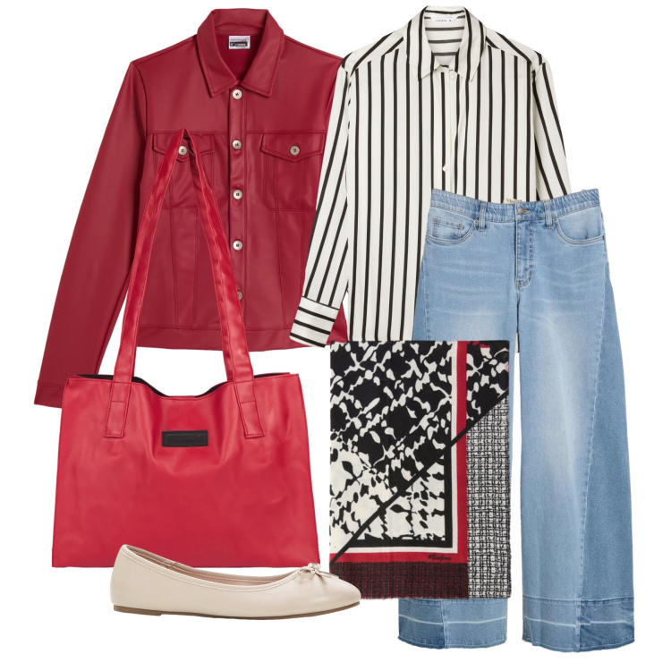 Outfit donna - Marzo. Stile Casual chic per Ufficio. Abbinamento con jeans, ballerine, camicie, sciarpe, giacche, shopping bag.