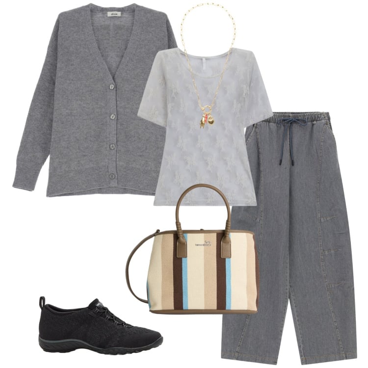 Outfit donna - Total look #2359068. Stile Casual per Tutti i giorni. Abbinamento con sneakers, shopping bag, t-shirt, pantaloni a palazzo, cardigans, ciondoli.