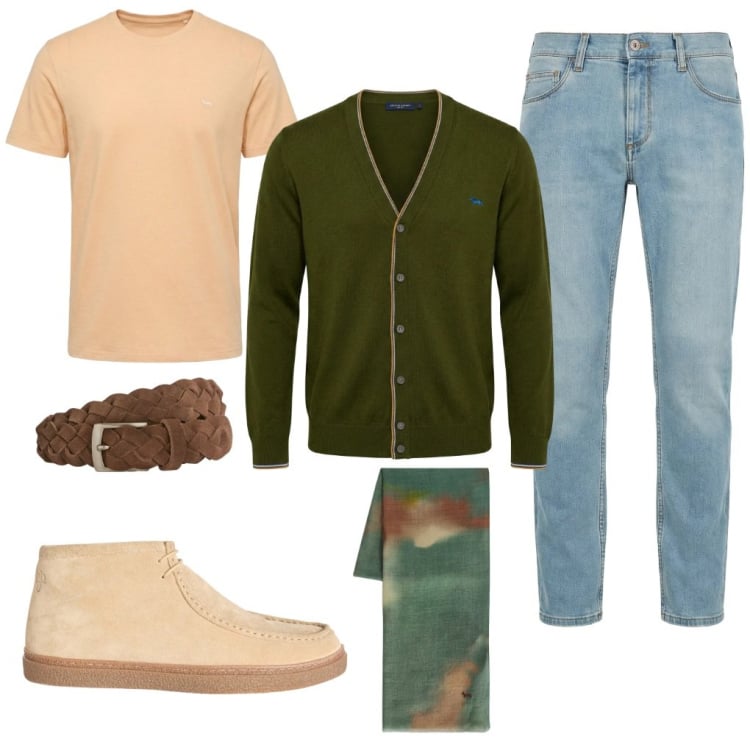 Outfit uomo - Livio: cardigan verde. Stile Urban per Tutti i giorni. Abbinamento con jeans slim fit, cinture, stivali e stivaletti, t-shirt, cardigans, sciarpe.