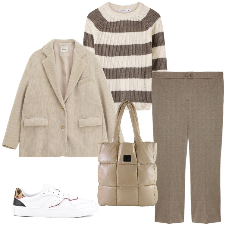 Outfit donna - Total look #2359070. Stile Casual chic per Tutti i giorni. Abbinamento con maglieria, pantaloni, blazer, shopping bag, sneakers.