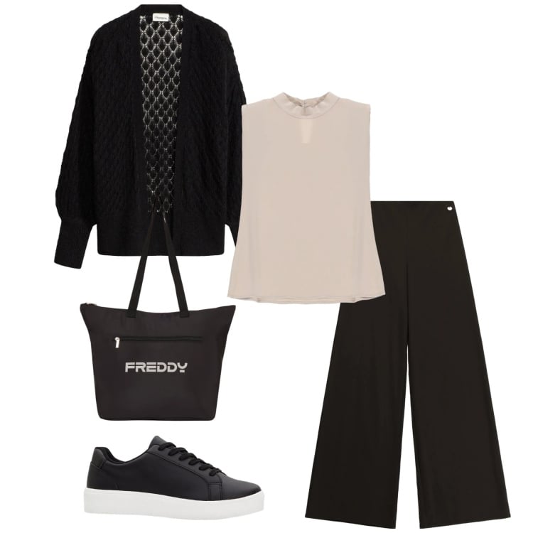 Outfit donna - Total look #2359073. Stile Casual chic per Tutti i giorni. Abbinamento con sneakers, cardigans, pantaloni a palazzo, top, shopping bag.