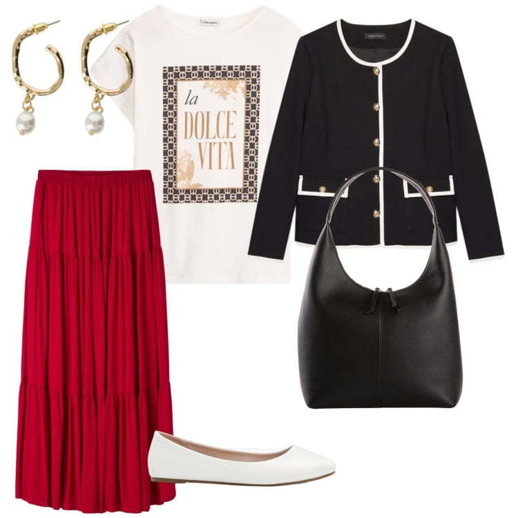 Outfit donna - Rosso primavera. per Tutti i giorni. Abbinamento con ballerine, t-shirt, shopping bag, gonne lunghe, blazer, orecchini.